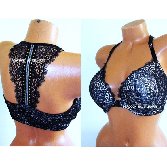 36DD VICTORIAS SECRET Very Sexy Push Up Bra Studded Racerback Front close Black - Picture 2 of 7